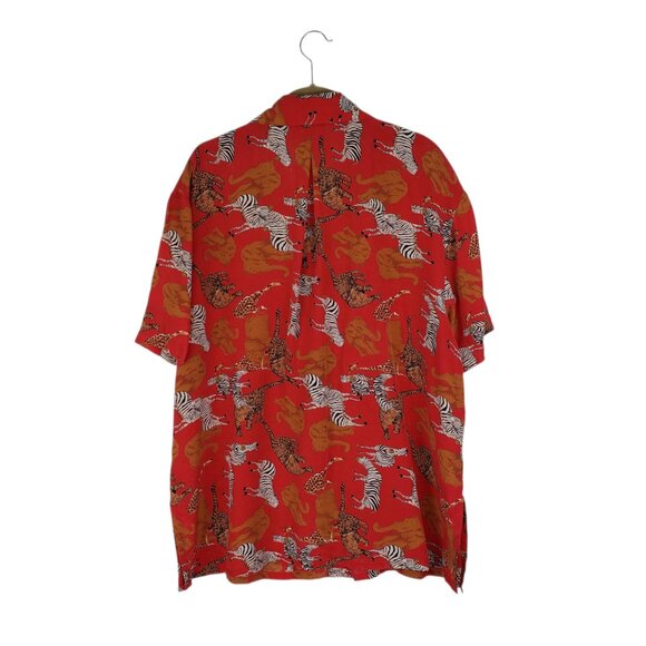 Vintage Piano Red Safari Silk Blouse Elephant Zebra Print Button Up Womens 2X - Picture 2 of 7